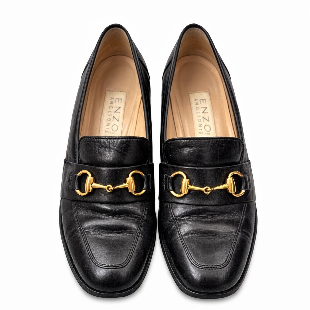 Enzo Angiolini Horsebit Loafers Women 8N Black Good Block Heel Leather Brazil